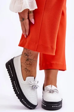 Damskie Wsuwane Skórzane Trampki Białe Raven