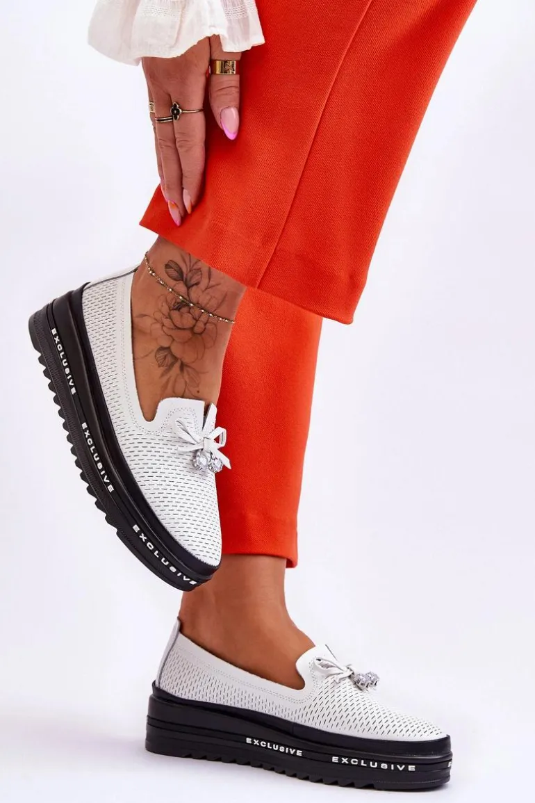 Damskie Wsuwane Skórzane Trampki Białe Raven