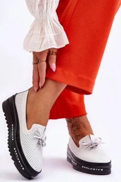 Damskie Wsuwane Skórzane Trampki Białe Raven