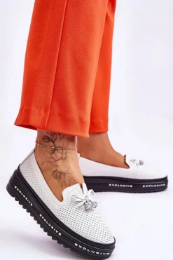 Damskie Wsuwane Skórzane Trampki Białe Raven