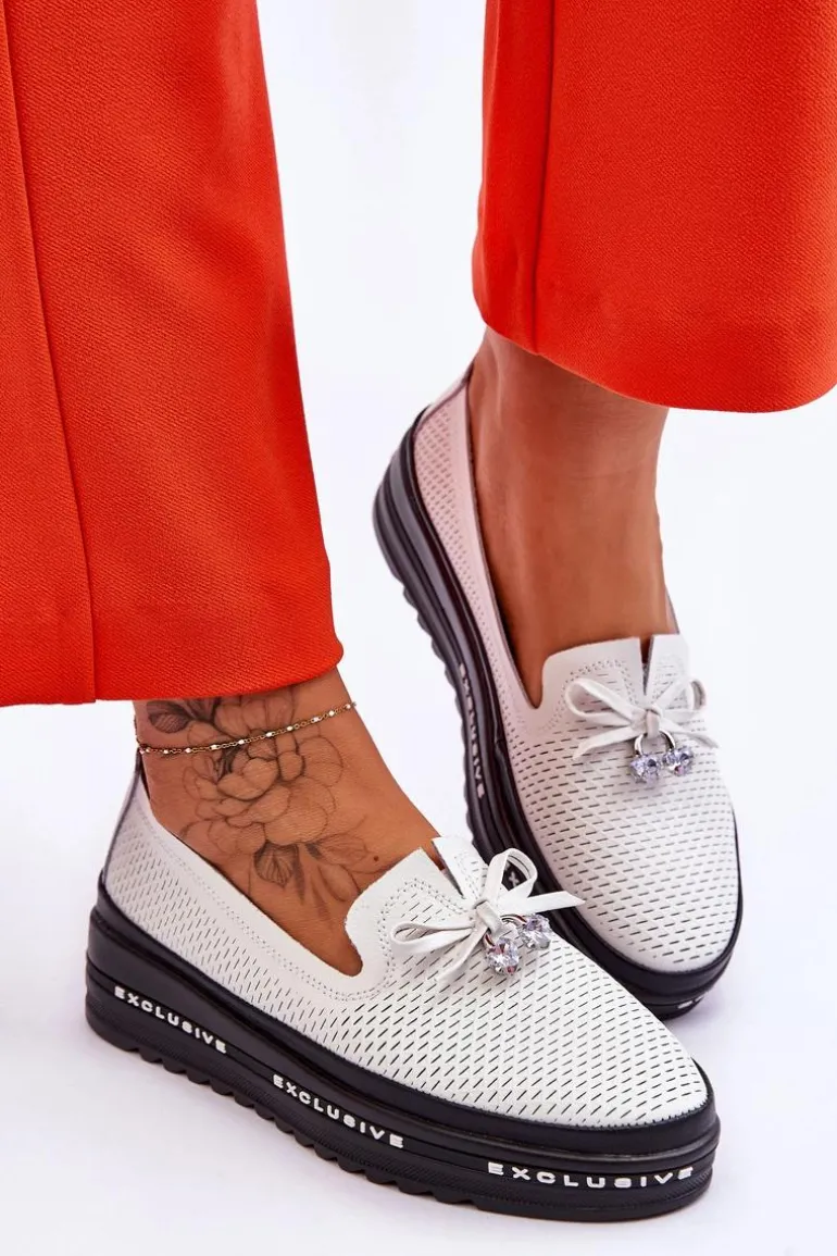 Damskie Wsuwane Skórzane Trampki Białe Raven