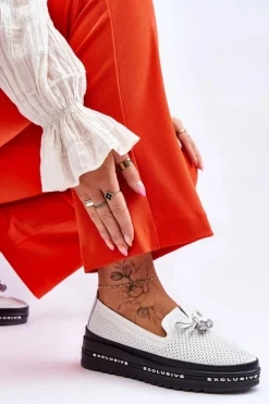 Damskie Wsuwane Skórzane Trampki Białe Raven