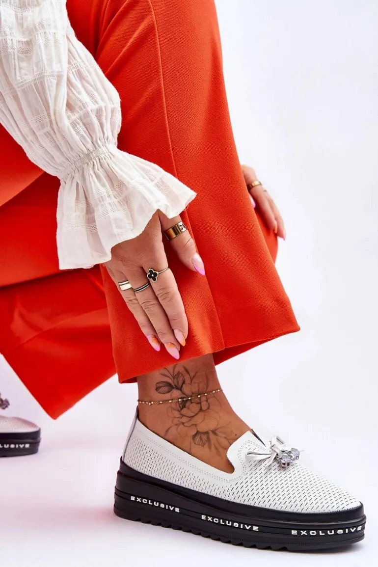 Damskie Wsuwane Skórzane Trampki Białe Raven