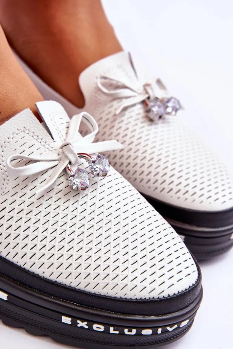 Damskie Wsuwane Skórzane Trampki Białe Raven