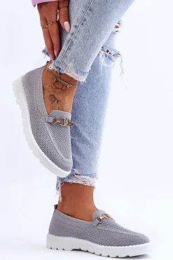 Damskie Wsuwane Tenisówki Slip-On Z Ozdobą Szare Alena