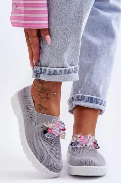 Damskie Wsuwane Tenisówki Z Kamieniami Szare Simple