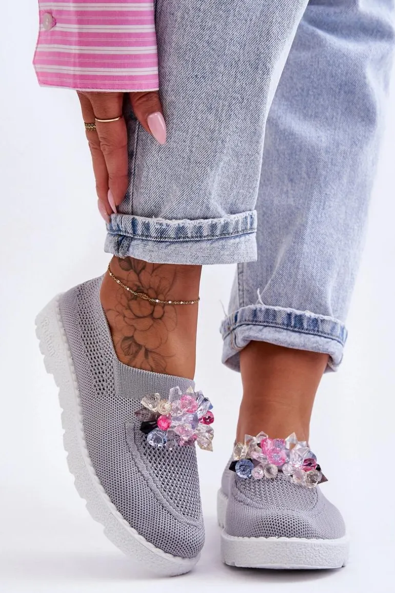 Damskie Wsuwane Tenisówki Z Kamieniami Szare Simple