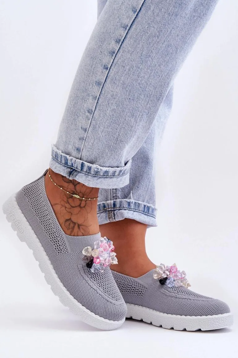 Damskie Wsuwane Tenisówki Z Kamieniami Szare Simple