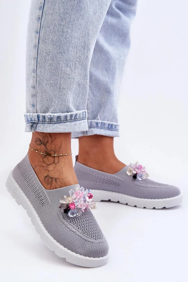 Damskie Wsuwane Tenisówki Z Kamieniami Szare Simple