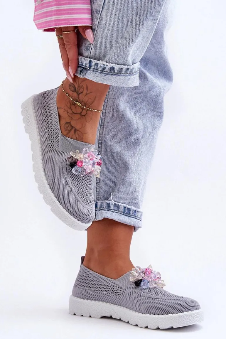 Damskie Wsuwane Tenisówki Z Kamieniami Szare Simple