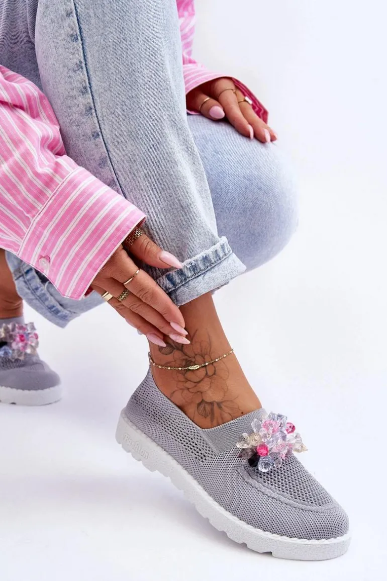 Damskie Wsuwane Tenisówki Z Kamieniami Szare Simple