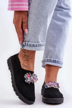 Damskie Wsuwane Tenisówki Z Kamieniami Czarne Simple