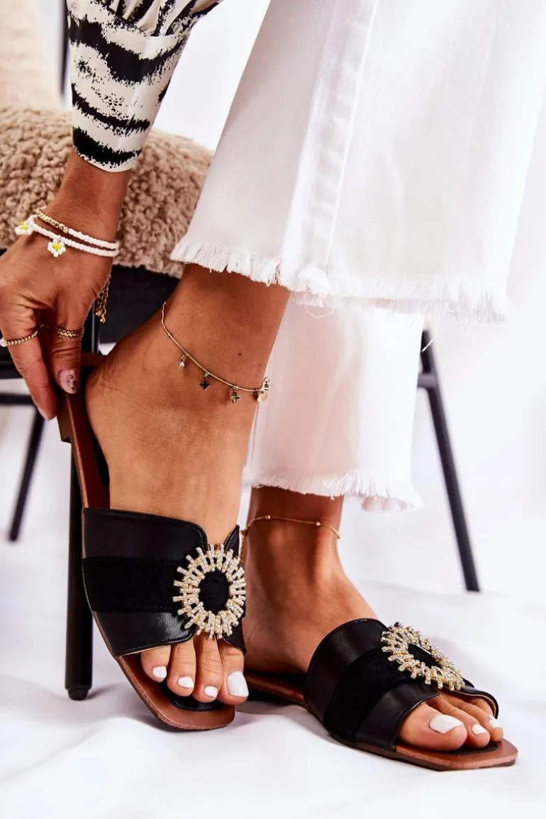 Damskie Wygodne Klapki Z Ozdobą Czarne Ginera