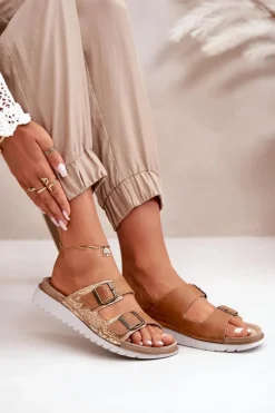 Damskie Wygodne Klapki Z Klamrami Inblu CN000033 Brązowe