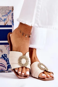 Damskie Wygodne Klapki Z Ozdobą Jasnobeżowe Ginera