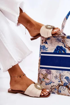 Damskie Wygodne Klapki Z Ozdobą Jasnobeżowe Ginera