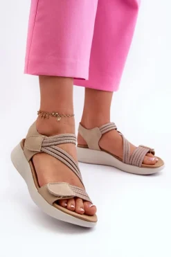 Damskie Wygodne Sandały Na Rzep Beżowe Eladora