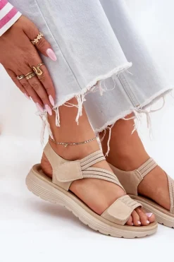 Damskie Wygodne Sandały Na Rzep Beżowe Hallriva