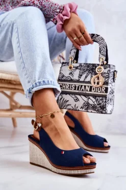 Damskie Wygodne Sandały Na Koturnie Granatowe Thallas