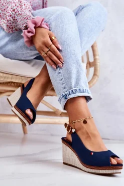 Damskie Wygodne Sandały Na Koturnie Granatowe Thallas