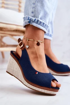 Damskie Wygodne Sandały Na Koturnie Granatowe Thallas