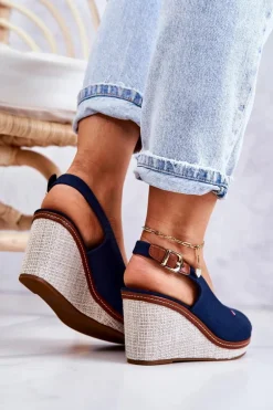 Damskie Wygodne Sandały Na Koturnie Granatowe Thallas