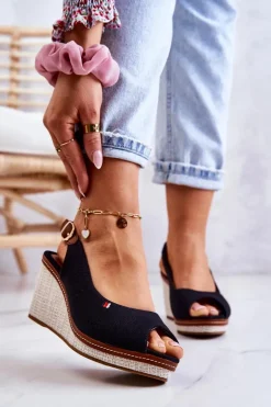 Damskie Wygodne Sandały Na Koturnie Czarne Thallas