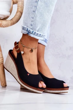 Damskie Wygodne Sandały Na Koturnie Czarne Thallas