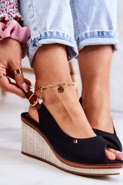 Damskie Wygodne Sandały Na Koturnie Czarne Thallas