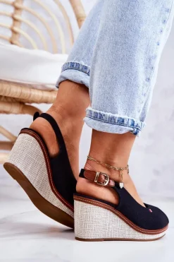 Damskie Wygodne Sandały Na Koturnie Czarne Thallas