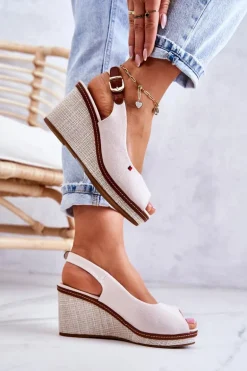 Damskie Wygodne Sandały Na Koturnie Beżowe Thallas