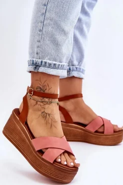 Damskie Wygodne Sandały Na Koturnie Brązowo-Różowe Laurie