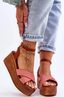 Damskie Wygodne Sandały Na Koturnie Brązowo-Różowe Laurie