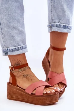 Damskie Wygodne Sandały Na Koturnie Brązowo-Różowe Laurie