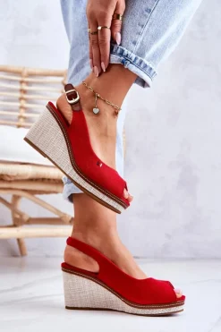 Damskie Wygodne Sandały Na Koturnie Czerwone Thallas
