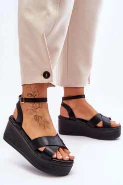 Damskie Wygodne Sandały Na Koturnie Czarne Laurie