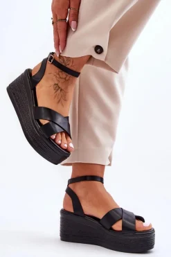 Damskie Wygodne Sandały Na Koturnie Czarne Laurie