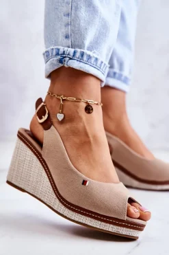 Damskie Wygodne Sandały Na Koturnie Ciemnobeżowe Thallas