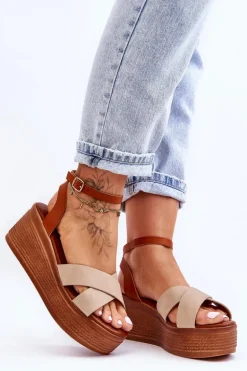 Damskie Wygodne Sandały Na Koturnie Brązowo-Beżowe Laurie