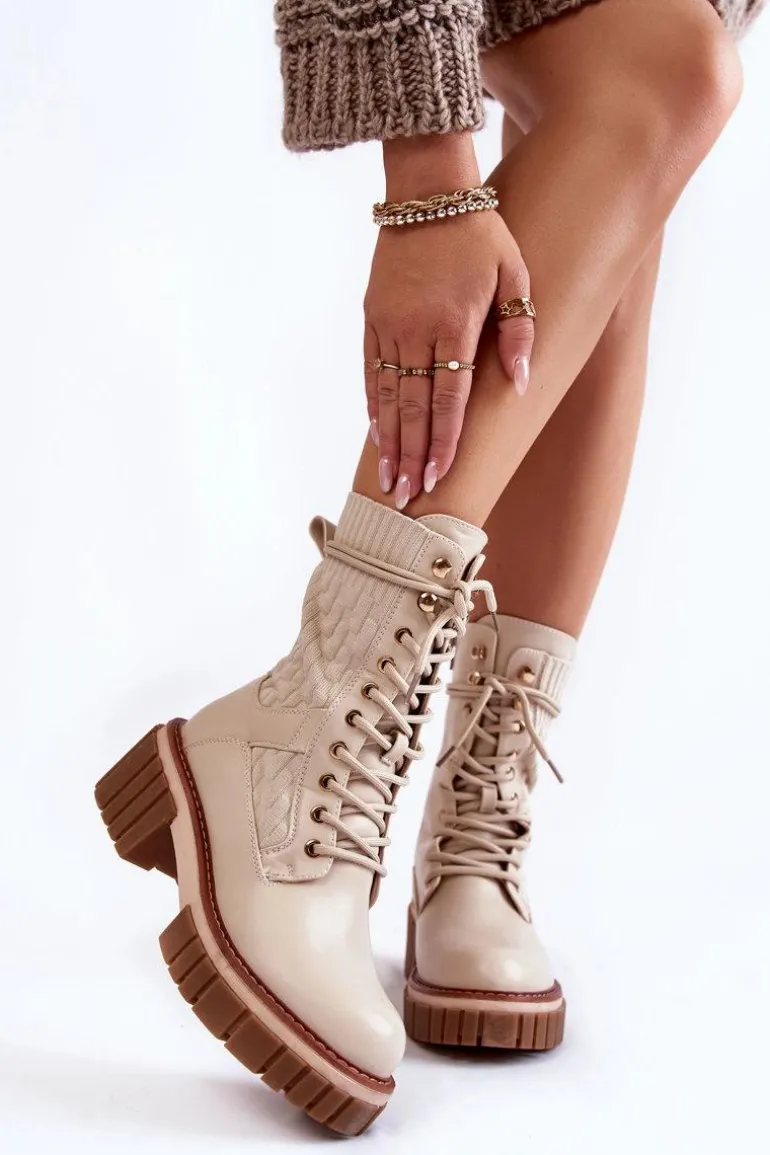 Damskie Wysokie Botki Glany Na Zamek Beżowe Enroe