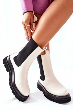 Damskie Wysokie Botki Sztyblety Beżowe Belive