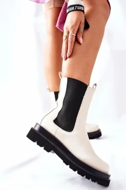 Damskie Wysokie Botki Sztyblety Beżowe Belive