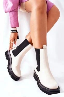 Damskie Wysokie Botki Sztyblety Beżowe Belive