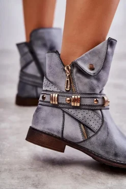 Damskie Wysokie Botki Z Ozdobami Niebieskie Alisa