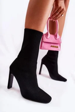 Damskie Wysokie Botki Ze Skarpetą Na Obcasie Czarne Nessi