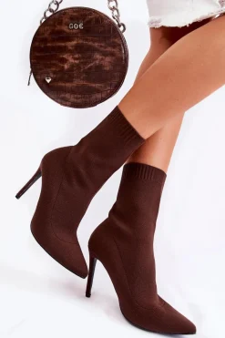 Damskie Wysokie Botki Ze Skarpetą Na Szpilce Brązowe Luisell