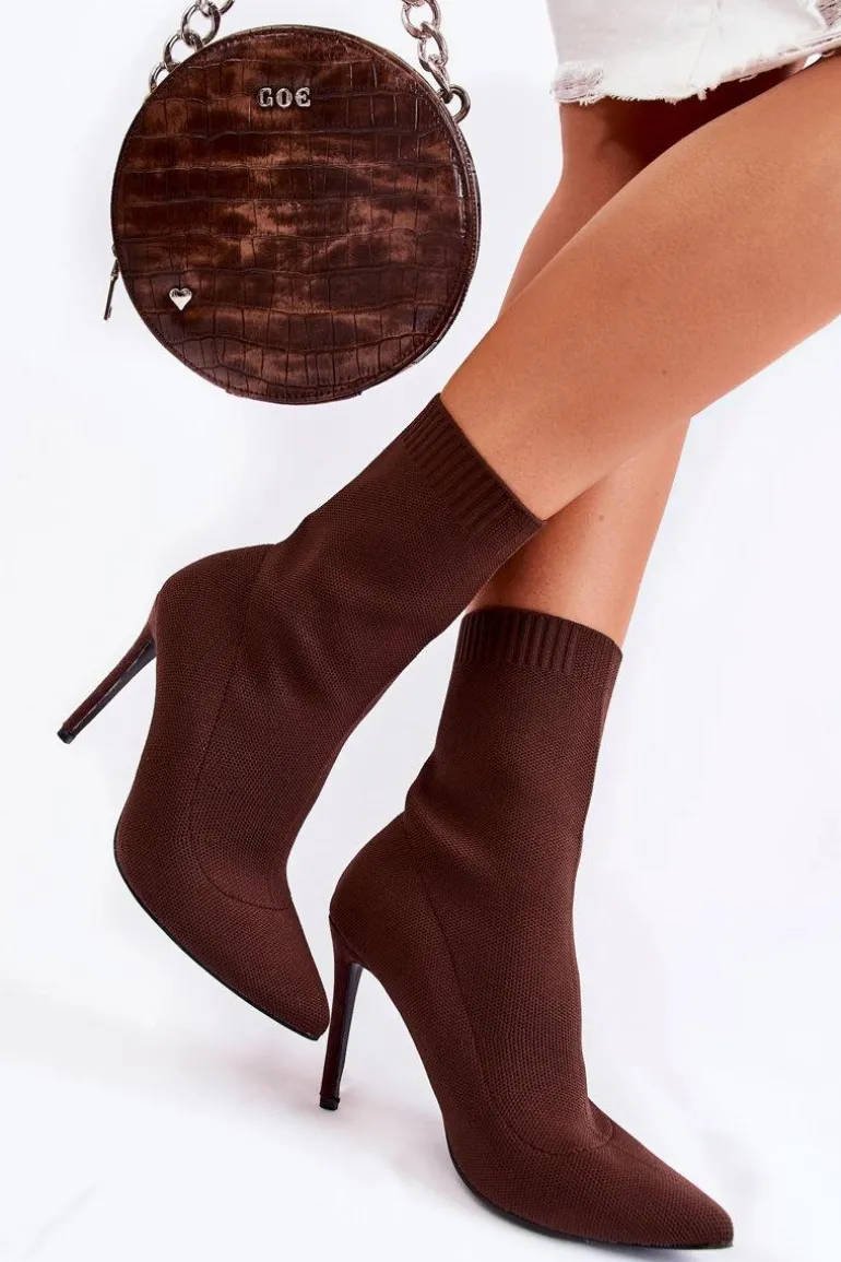 Damskie Wysokie Botki Ze Skarpetą Na Szpilce Brązowe Luisell