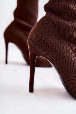 Damskie Wysokie Botki Ze Skarpetą Na Szpilce Brązowe Luisell