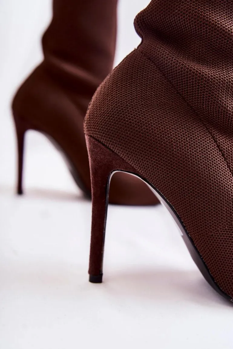 Damskie Wysokie Botki Ze Skarpetą Na Szpilce Brązowe Luisell