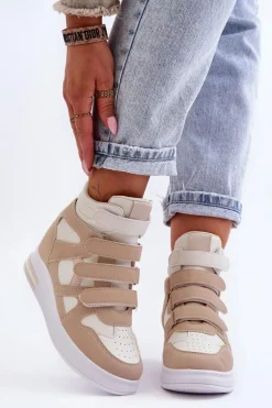 Damskie Wysokie Buty Sportowe Na Ukrytym Koturnie Beżowe Inari